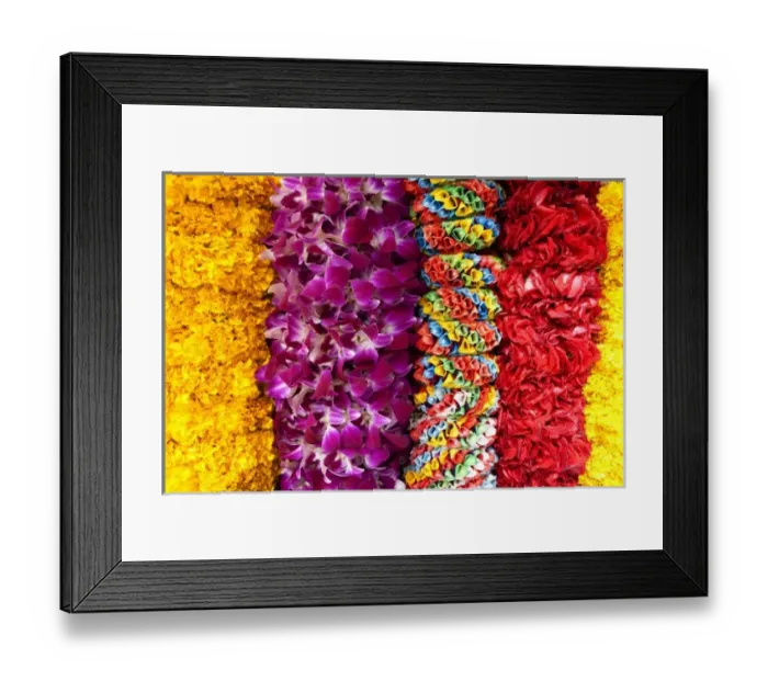 Framed Print : Bangkok, Thailand - Ribbons of colorful flowers are hanging on display