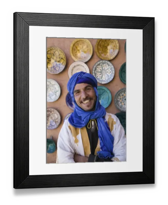 Framed Print : MOROCCO, South of the High Atlas, OUARZAZATE: Young Merchant in Blue Headress  /  Ensemble Artisanat