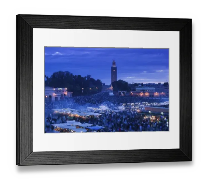 Framed Print : MOROCCO, MARRAKECH: Djemma el, Fna Square Food Stands and Koutoubia Mosque / Dusk Framed Print : MOROCCO, MARRAKECH: Djemma el, Fna Square Food Stands and Koutoubia Mosque / Dusk