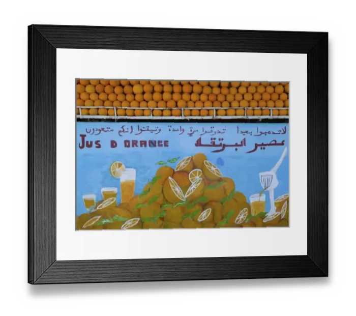 Framed Print : MOROCCO, Souss Valley, TAROUDANT: Orange Juice Vendor Sign Municipal Souk  /  Market