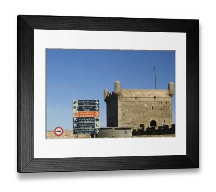 Framed Print : MOROCCO, Atlantic Coast, ESSAOUIRA: Road Signs and Skala du Port Sea Bastion Framed Print : MOROCCO, Atlantic Coast, ESSAOUIRA: Road Signs and Skala du Port Sea Bastion
