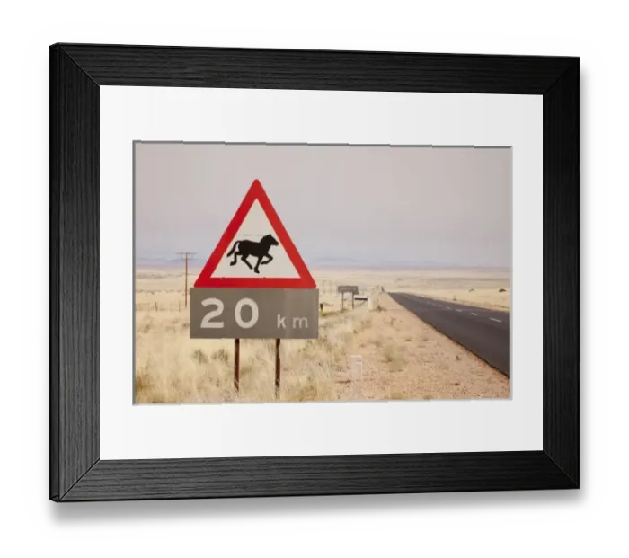Framed Print : Namibia, Aus. Wild horse warning sign Framed Print : Namibia, Aus. Wild horse warning sign