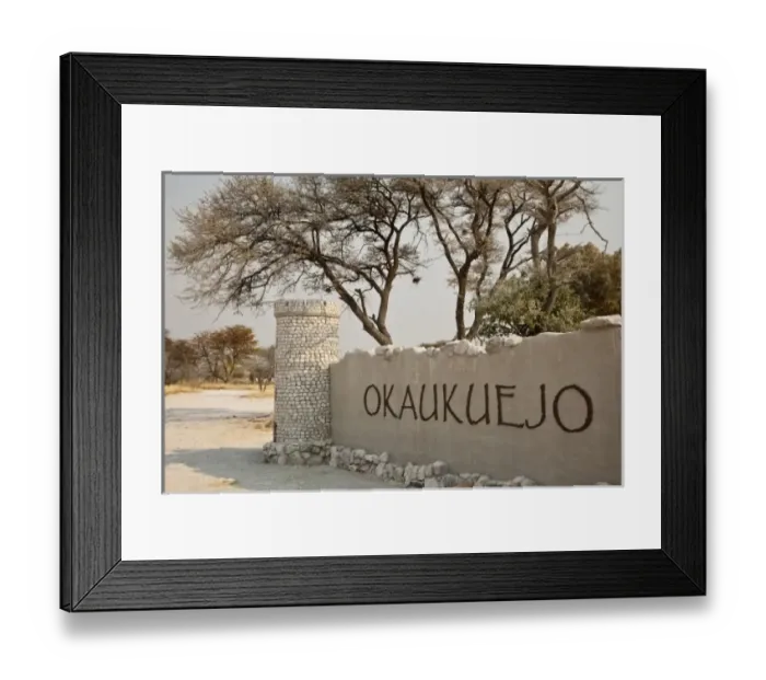 Framed Print : Namibia, Etosha National Park. The entrance sign of the Okaukuejo Lodge Framed Print : Namibia, Etosha National Park. The entrance sign of the Okaukuejo Lodge