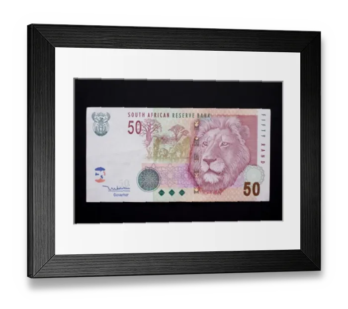 Framed Print : South Africa. Close-up of South African rand paper money