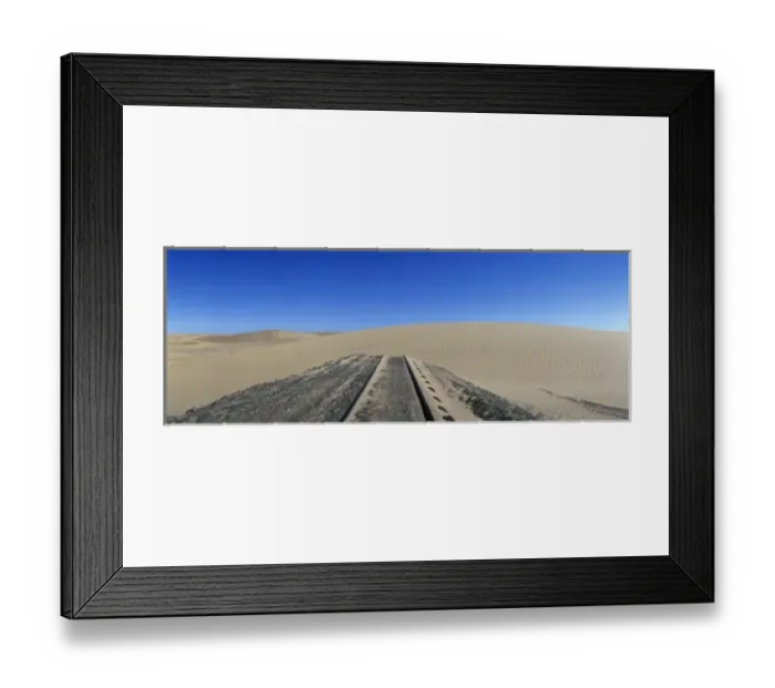Framed Print : Africa, Namibia, Abandoned railroad tracks lead into sand dune in Forbidden Diamond