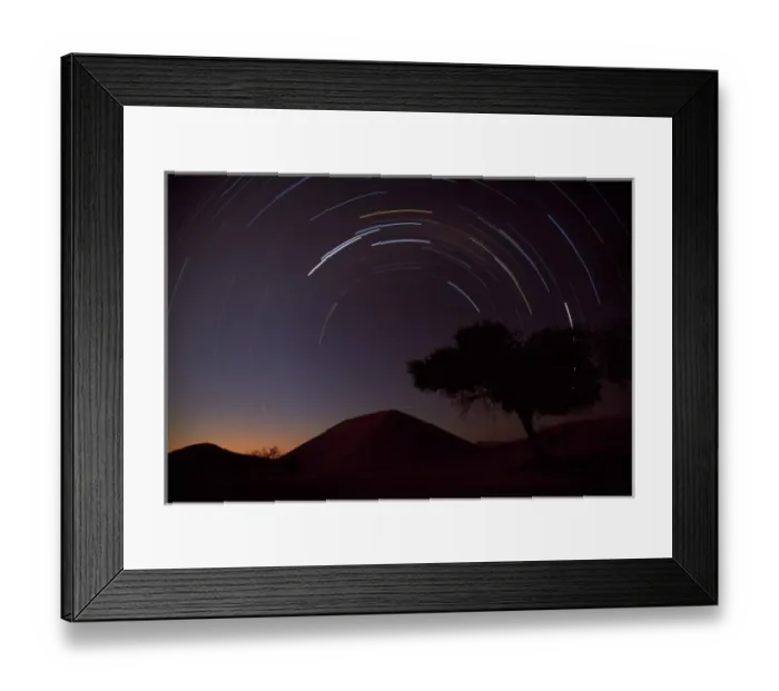 Framed Print : Namibia, Namib Naukluft National Park, Star Trails and Dune 45 above acacia tree