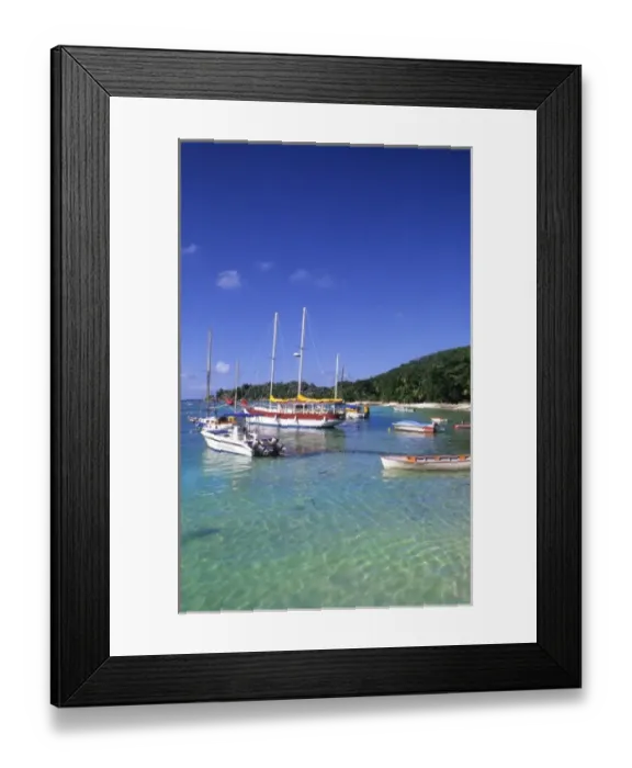 Framed Print : Beautiful perfect scene of ships sailboats and beach at La Digue in the Seychelle