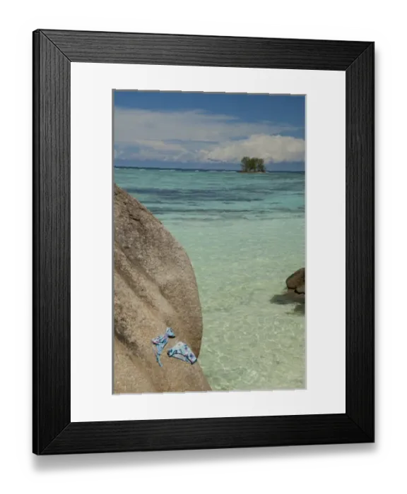 Framed Print : Seychelles, Island of La Digue. Anse Source D Agent beach, bikini drying on rock Framed Print : Seychelles, Island of La Digue. Anse Source D Agent beach, bikini drying on rock