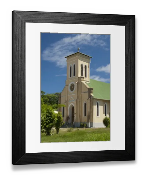 Framed Print : Seychelles, Island of La Digue. Notre Dame de L Assomption church
