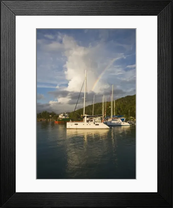 Framed Print : Seychelles, La Digue Island, La Passe, harbor at dusk with rainbow Framed Print : Seychelles, La Digue Island, La Passe, harbor at dusk with rainbow