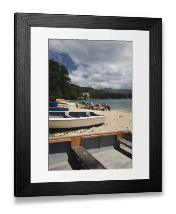 Framed Print : Seychelles, Mahe Island, Baie Beau Vallon, fishermen pulling boat on beach Framed Print : Seychelles, Mahe Island, Baie Beau Vallon, fishermen pulling boat on beach