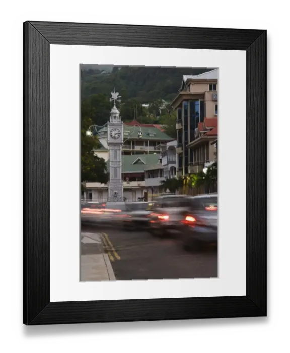 Framed Print : Seychelles, Mahe Island, Victoria, town clocktower and evening traffic Framed Print : Seychelles, Mahe Island, Victoria, town clocktower and evening traffic