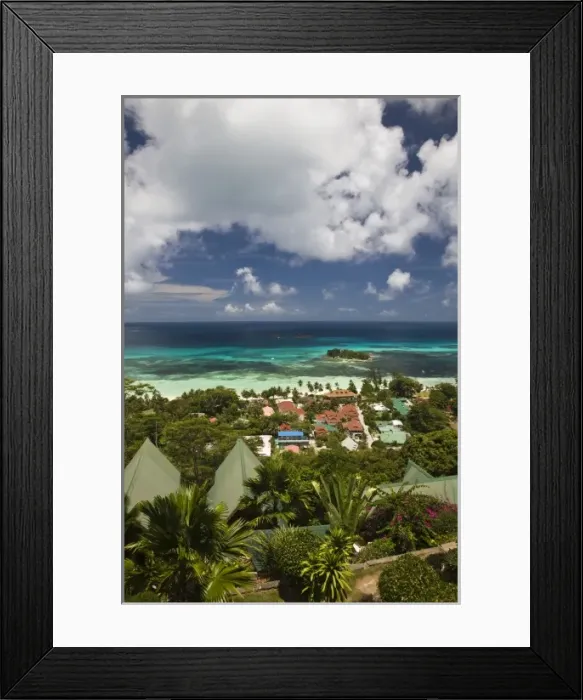 Framed Print : Seychelles, Praslin Island, Anse Volbert, aerial view of tourist village Framed Print : Seychelles, Praslin Island, Anse Volbert, aerial view of tourist village