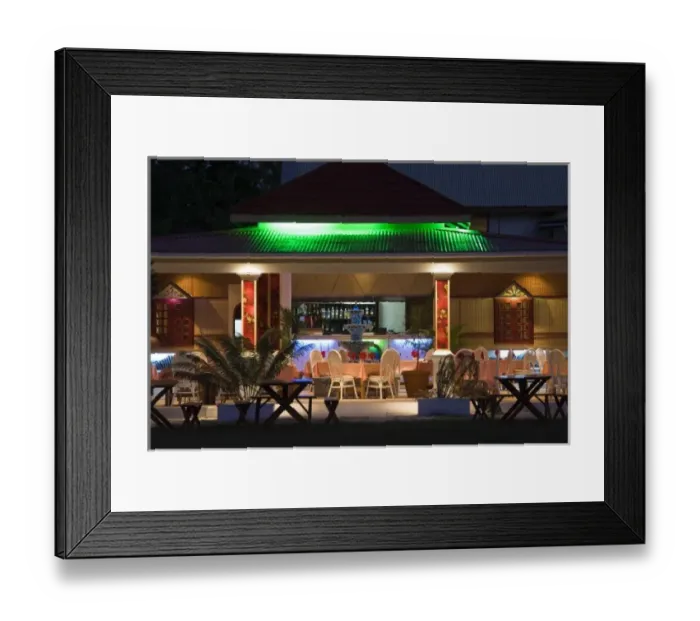Framed Print : Seychelles, Praslin Island, Anse Volbert, outdoor restaurant, evening Framed Print : Seychelles, Praslin Island, Anse Volbert, outdoor restaurant, evening