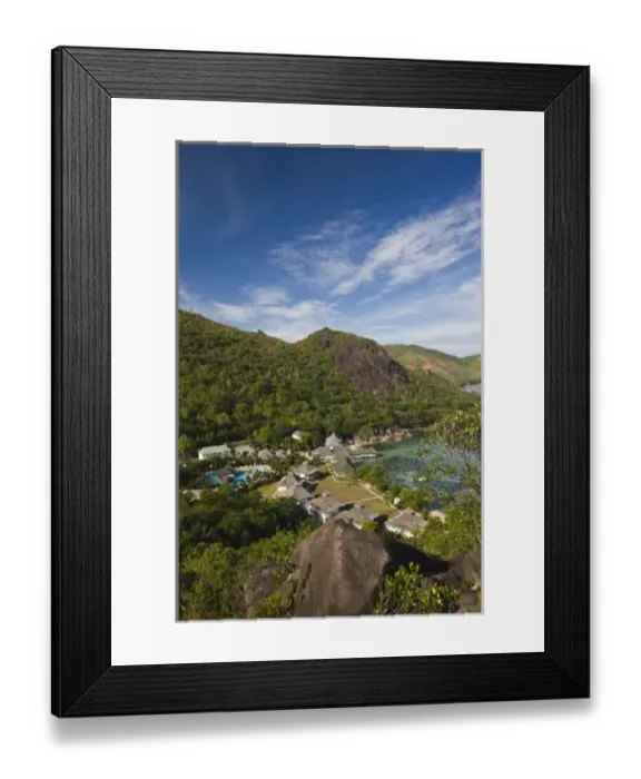 Framed Print : Seychelles, Praslin Island, Anse Volbert, La Reserve Hotel overview Framed Print : Seychelles, Praslin Island, Anse Volbert, La Reserve Hotel overview