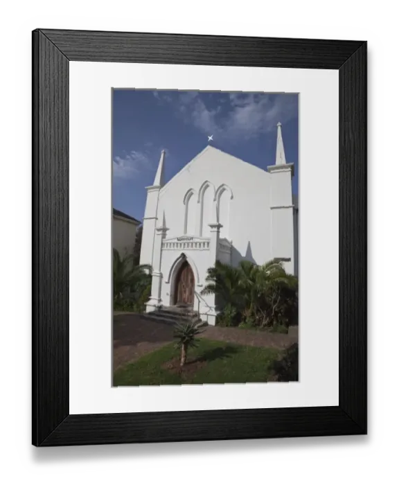 Framed Print : South Cape Town. White church, Simons Town, Western Cape, South Africa Framed Print : South Cape Town. White church, Simons Town, Western Cape, South Africa