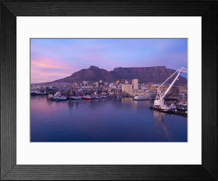 Framed Print : South Africa, Cape Town. Sunrise over Victoria & Alfred waterfront area with Table Framed Print : South Africa, Cape Town. Sunrise over Victoria & Alfred waterfront area with Table