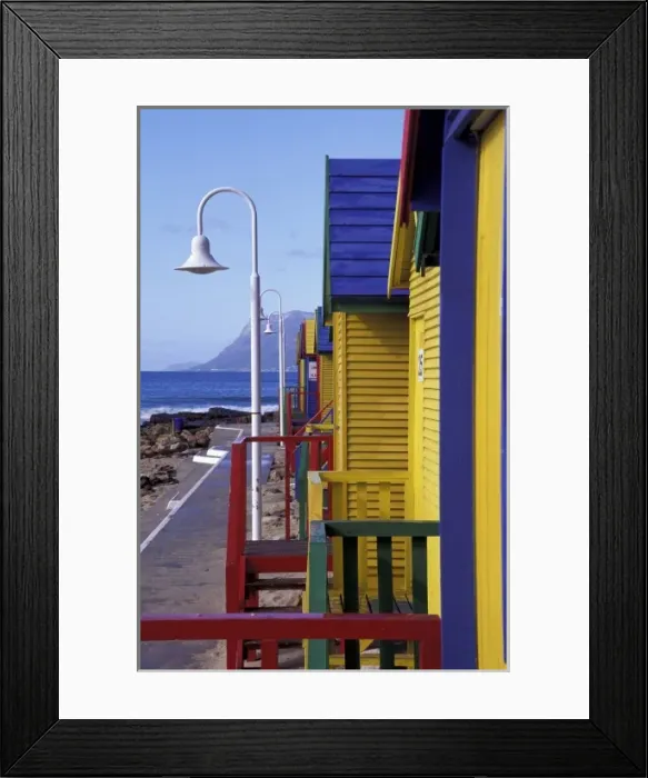 Framed Print : Africa, South Africa, Capetown. Changing huts on St. Johns beach Framed Print : Africa, South Africa, Capetown. Changing huts on St. Johns beach