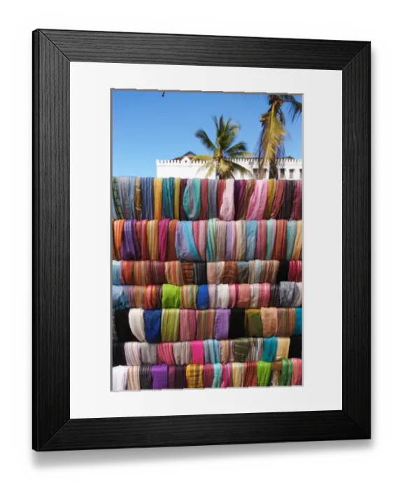 Framed Print : Tanzania: Zanzibar, StoneTown, shawls for sale at outdoor stand Framed Print : Tanzania: Zanzibar, StoneTown, shawls for sale at outdoor stand