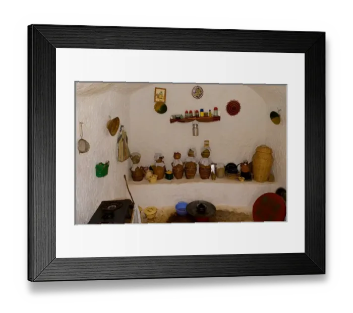 Framed Print : Kitchen with jugs in Berber Lifestyle Village Matmata Tunisia cave house in mountain Framed Print : Kitchen with jugs in Berber Lifestyle Village Matmata Tunisia cave house in mountain