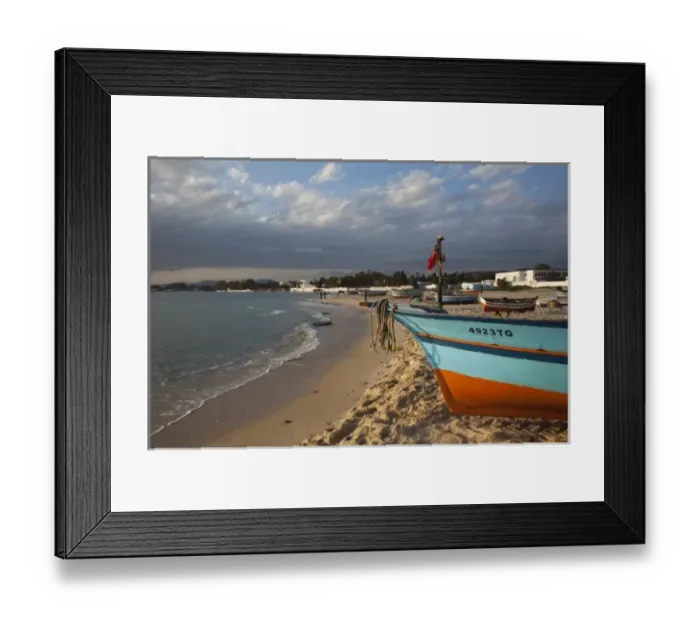 Framed Print : Tunisia, Cap Bon, Hammamet, waterfront, fishing boats, dusk