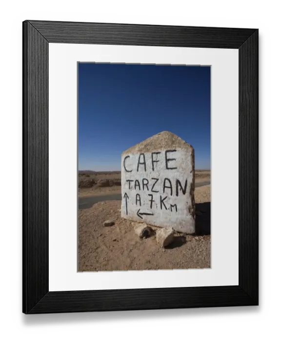 Framed Print : Tunisia, Ksour Area, Route C105, sign for Cafe Tarzan