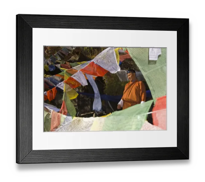 Framed Print : Rimson stands on bridge at Membartsho(burning lake) surrounded by prayer flags, Tang Valley Framed Print : Rimson stands on bridge at Membartsho(burning lake) surrounded by prayer flags, Tang Valley