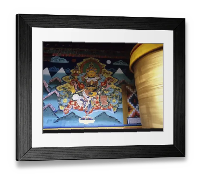 Framed Print : religious painting and prayer wheel, Bhutan