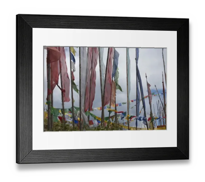 Framed Print : Prayer flag poles in the mountain, Yotongla Pass, Bumthang area, Bhutan