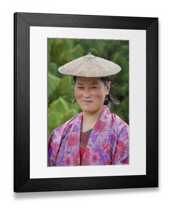 Framed Print : Portrait of a farmer wearing bamboo hat, Bumthang, Bhutan. (MR)