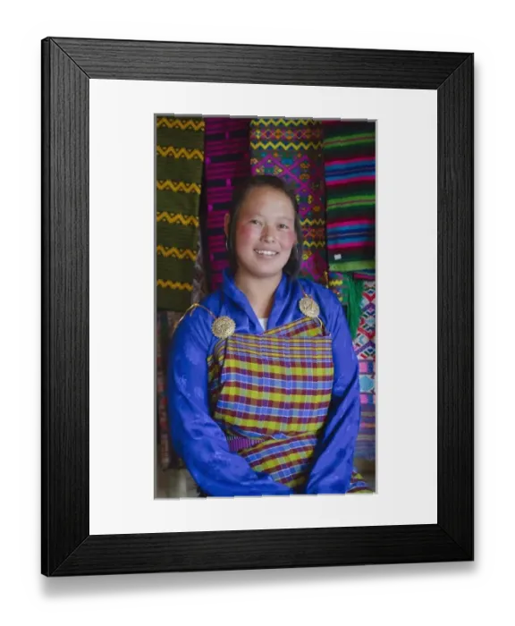 Framed Print : Girl with colorful fabric, Bhutan. (MR) Framed Print : Girl with colorful fabric, Bhutan. (MR)