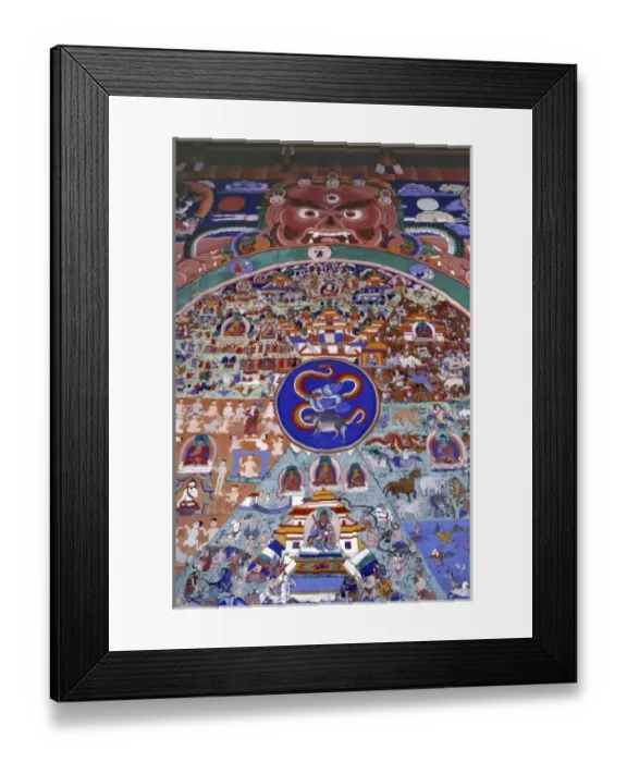 Framed Print : Bhutan, Punaka. A Wheel of Life painting covers a wall at Punaka Dzong in Bhutan