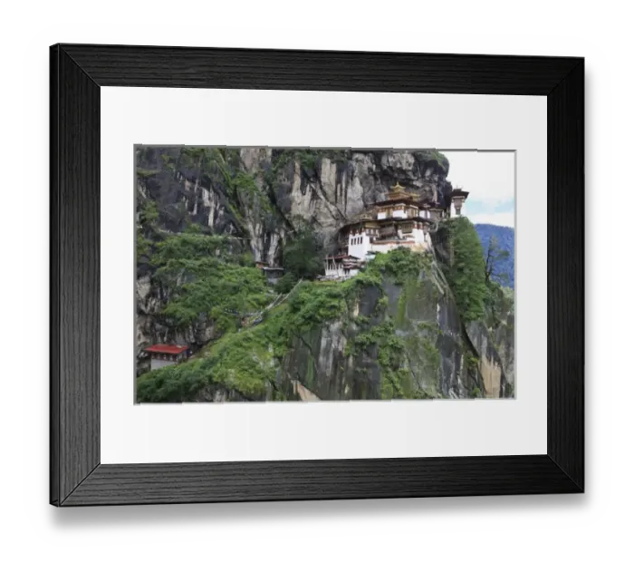 Framed Print : Asia, Bhutan. Taksang Dzong monastery is built into the rock and hangs on a precipitous Framed Print : Asia, Bhutan. Taksang Dzong monastery is built into the rock and hangs on a precipitous