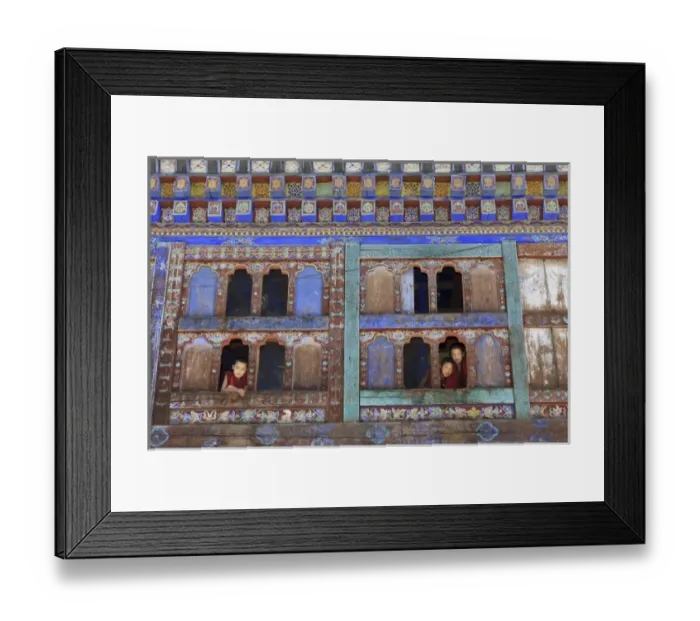 Framed Print : Asia, Bhutan. Young monks take a break from school and look out the windows in Jambey Lhakhang Framed Print : Asia, Bhutan. Young monks take a break from school and look out the windows in Jambey Lhakhang