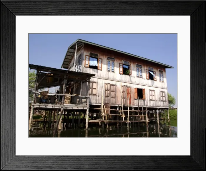 Framed Print : Asia, Myanmar, Inle Lake, Intha stilt house in dry season