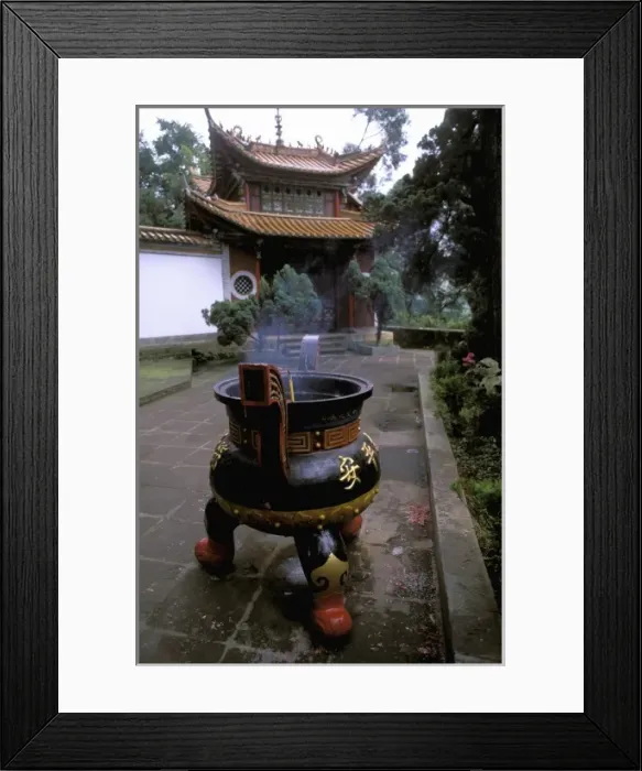 Framed Print : Asia, China, Yunnan Province, Kunming, Bamboo Village. Temple and incense burning