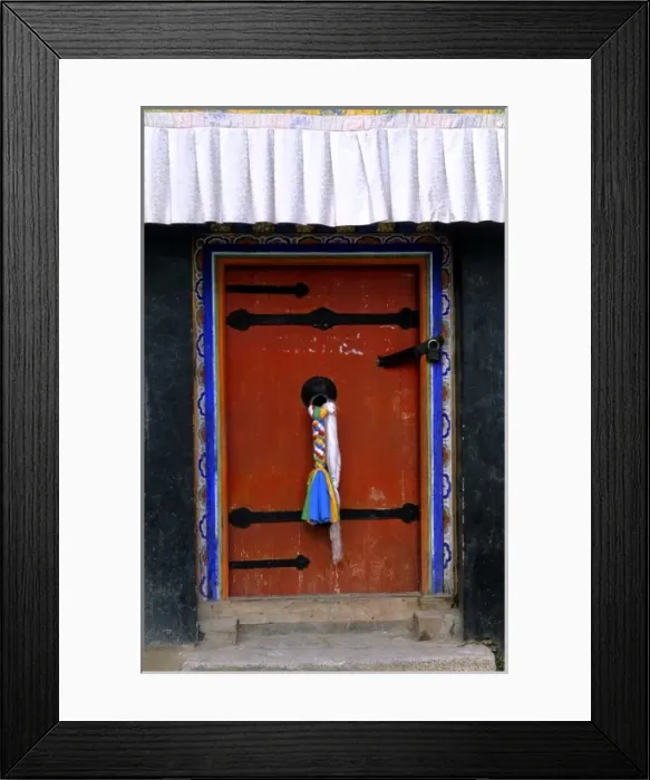 Framed Print : Doorway with welcome scarfs on knob of home in capital city of Lhasa Tibet China Framed Print : Doorway with welcome scarfs on knob of home in capital city of Lhasa Tibet China