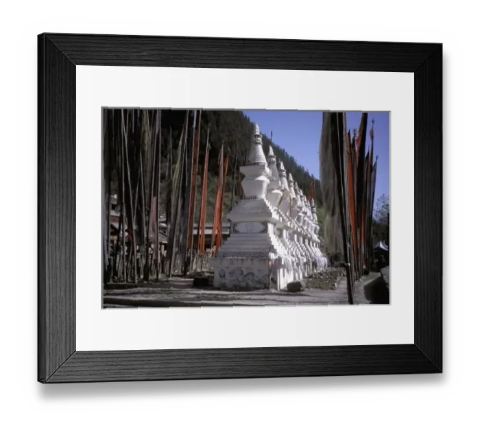 Framed Print : China, Sichuan Province. Row of stupas at Tibetan shuzheng stockade-Jiuhaigou Framed Print : China, Sichuan Province. Row of stupas at Tibetan shuzheng stockade-Jiuhaigou