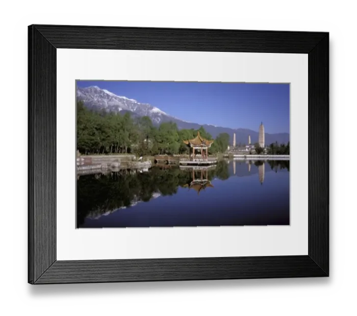 Framed Print : Asia, China, Yunnan Province, Dali. Three Pagodas and pavilion reflect in small lake