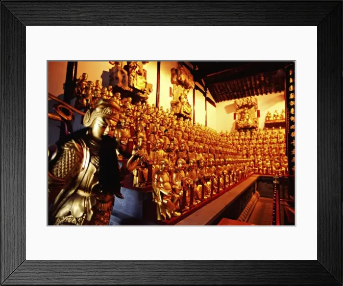 Framed Print : Asia, China, Shanghai. One wall view of golden figures inside Thousand Arhat Hall Framed Print : Asia, China, Shanghai. One wall view of golden figures inside Thousand Arhat Hall