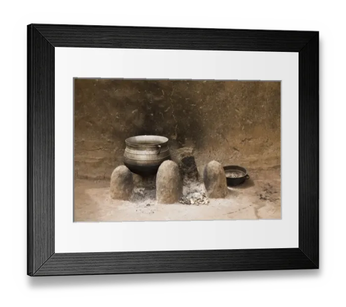 Framed Print : West Africa, Africa, Ghana, Nakpa. Pot on stove against wall of traditional mud dwelling Framed Print : West Africa, Africa, Ghana, Nakpa. Pot on stove against wall of traditional mud dwelling