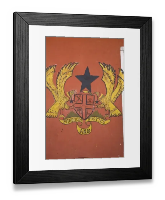 Framed Print : Africa, West Africa, Ghana, Bolgatanga. Ghana Coat of Arms painted on wall