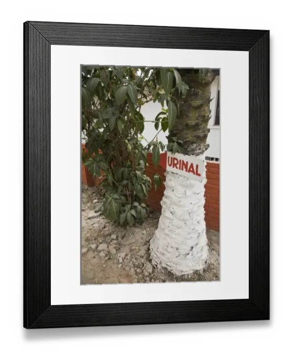 Framed Print : Africa, West Africa, Ghana, Kumasi. Sign for urinal on tree
