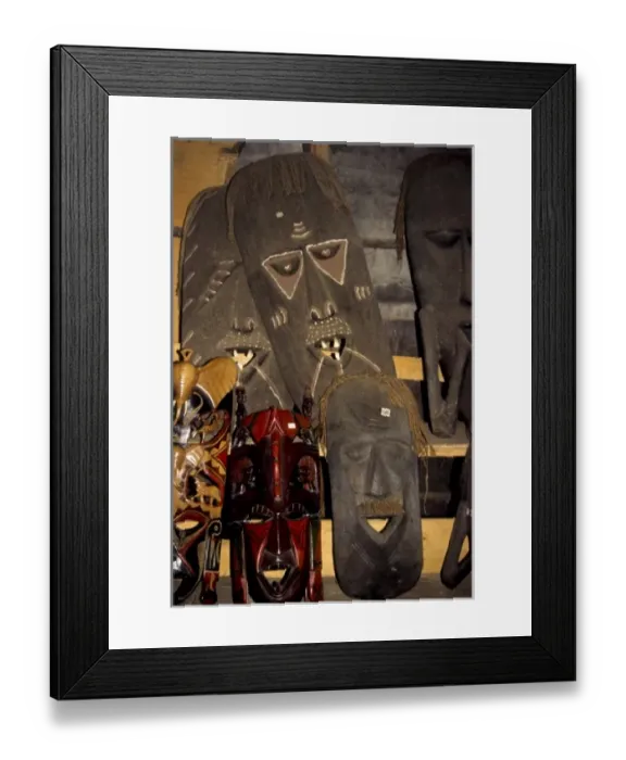Framed Print : Kenya, Malindi. Woodcarvers Co-op, carved wooden masks for sale Framed Print : Kenya, Malindi. Woodcarvers Co-op, carved wooden masks for sale