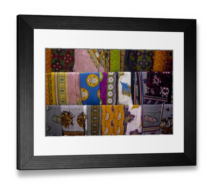 Framed Print : Kenya, Namanga, hanging kanga fabrics for sale Framed Print : Kenya, Namanga, hanging kanga fabrics for sale