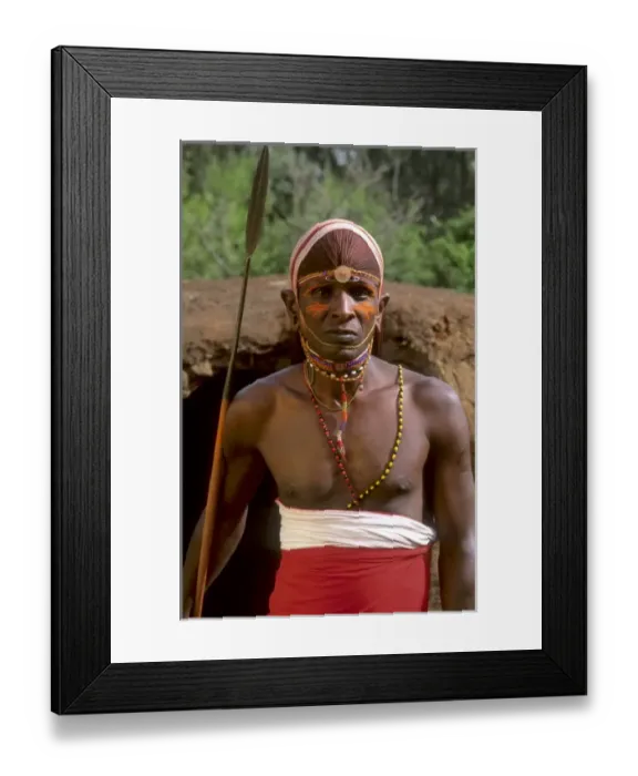 Framed Print : Msai tribe people in costume traditional dress in jungles in front of hut near Kenya Africa Framed Print : Msai tribe people in costume traditional dress in jungles in front of hut near Kenya Africa