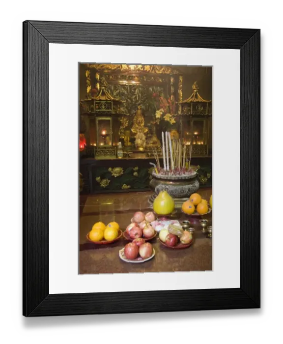 Framed Print : China, Hong Kong, New Territories, Tai Po area. Inside the famous Man Mo Temple, offerings Framed Print : China, Hong Kong, New Territories, Tai Po area. Inside the famous Man Mo Temple, offerings