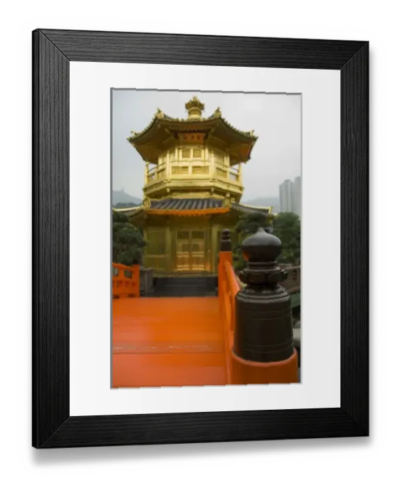 Framed Print : China, Hong Kong, New Territoris. Nan Lian Garden, bright orange Zi Wu Bridge leading