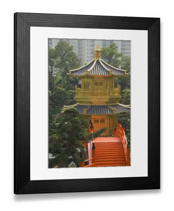 Framed Print : China, Hong Kong, New Territoris. Nan Lian Garden, bright orange Zi Wu Bridge leading Framed Print : China, Hong Kong, New Territoris. Nan Lian Garden, bright orange Zi Wu Bridge leading
