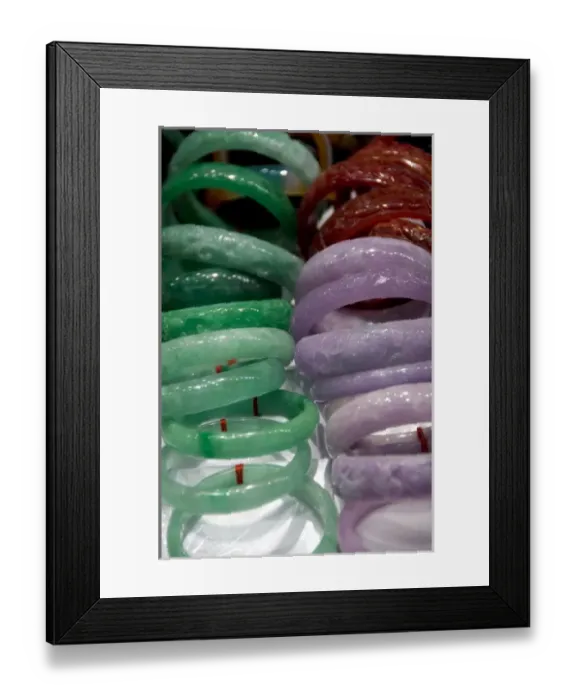 Framed Print : China, Hong Kong. Kansu Jade Market. Colorful carved jade bracelets